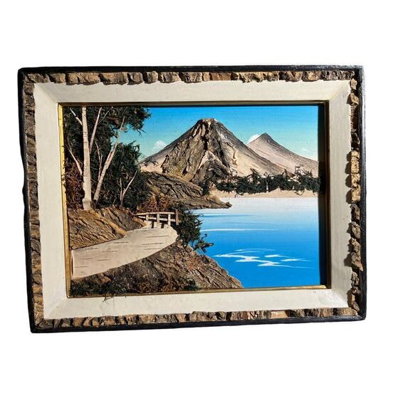 Vintage Japanese Mixed Media Framed Landscape Natural Art. Bark and Moss.3D. MCM - Picture 7 of 8